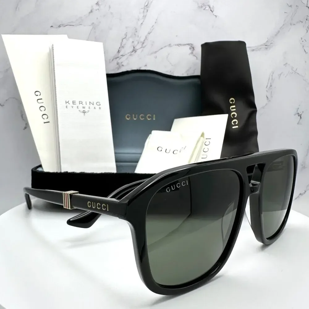 New GUCCI Sunglasses Black Aviator Pilot Gold Logo Metal Red Green Web Gucci - Picture 1 of 16
